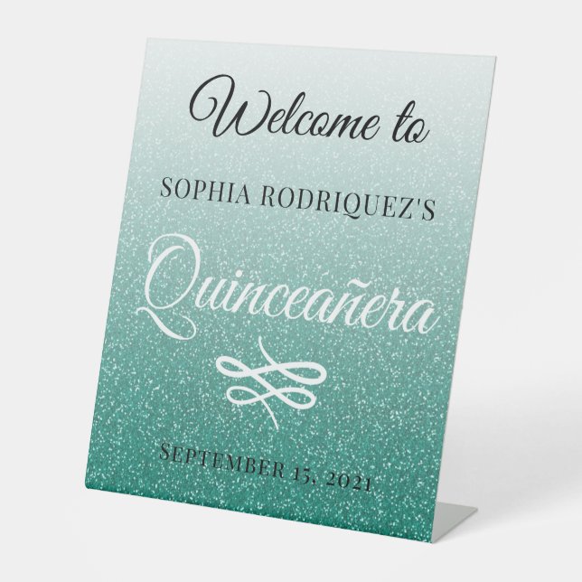 Green Glitter Quinceañera 15th Birthday Welcome Pedestal Sign (Front)