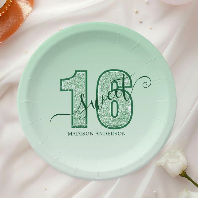 Green Glitter Script Sweet 16 Birthday Paper Plate (Creator Uploaded)