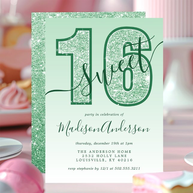 Green Glitter Script Sweet 16 Birthday Party Invitation (Creator Uploaded)