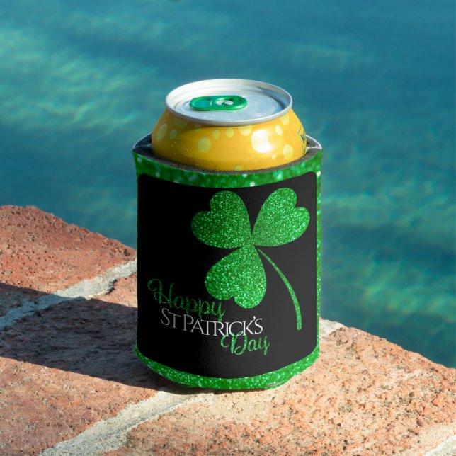 Green Glitter Shamrock Happy St Patrick’s Day Can Cooler (In Situ Pool)