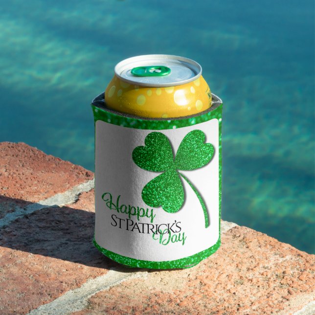 Green Glitter Shamrock Happy St Patrick’s Day Can Cooler (In Situ Pool)