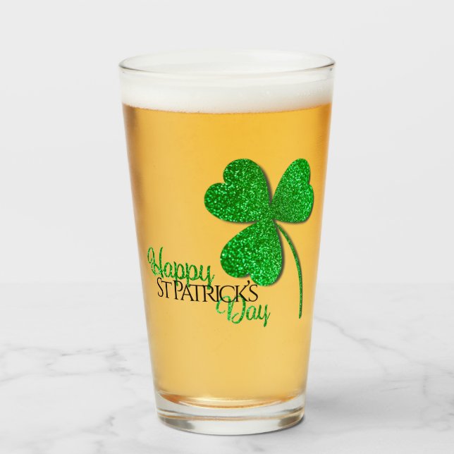 Green Glitter Shamrock Happy St Patrick’s Day Glass (Front Filled)