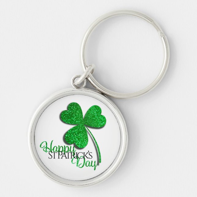 Green Glitter Shamrock Happy St Patrick’s Day  T-S Key Ring (Front)
