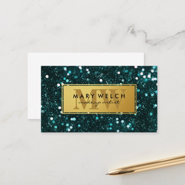Green Glitter Shimmer | Gold Frame Appointment Card (Front/Back In Situ)