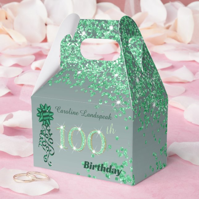 Green Glitter & Shiny Ribbon 100th Birthday Favour Box (Wedding)