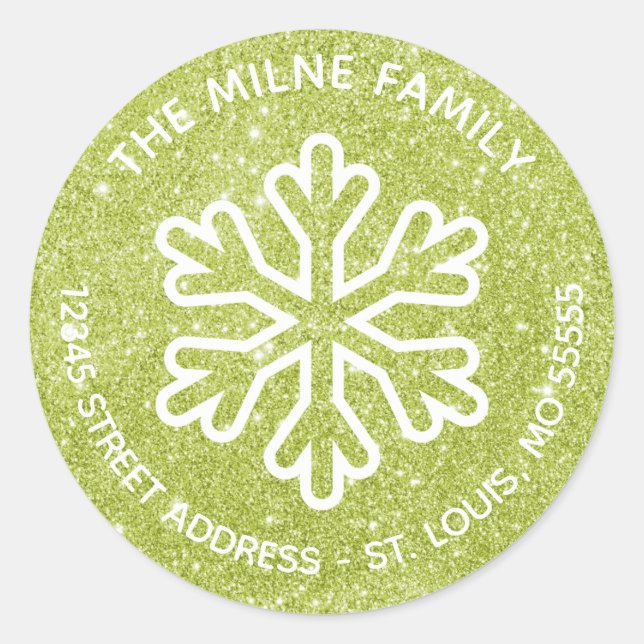 Green Glitter Snowflake - Circle Return Address Classic Round Sticker (Front)