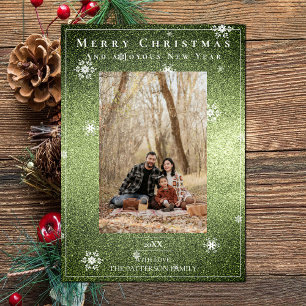Green Glitter Snowflakes Holiday Photo Card