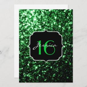 Green glitter sparkles Sweet 16 Invitation