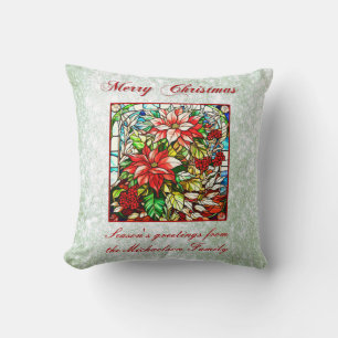 Green Glitter Stained Glass Red Christmas Flowers  Cushion