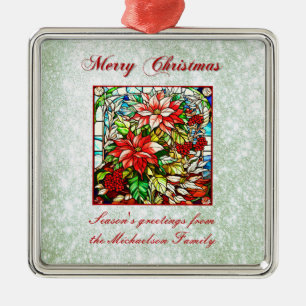 Green Glitter Stained Glass Red Christmas Flowers Metal Ornament