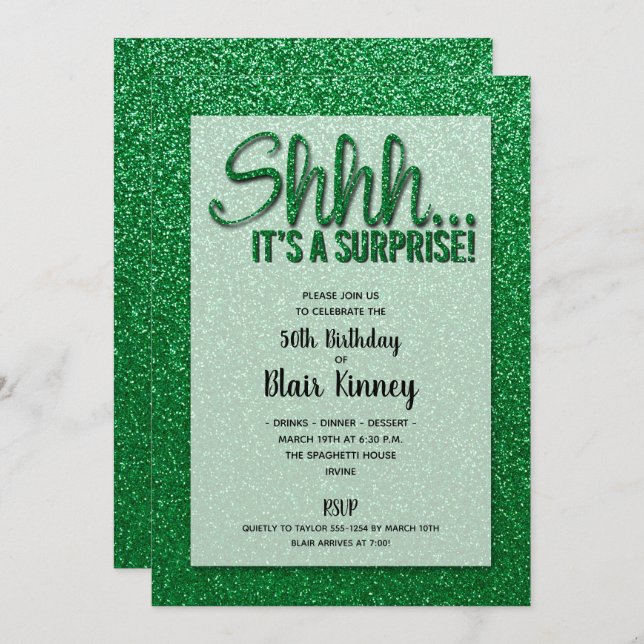 Green Glitter SURPRISE Birthday Invitations (Front/Back)