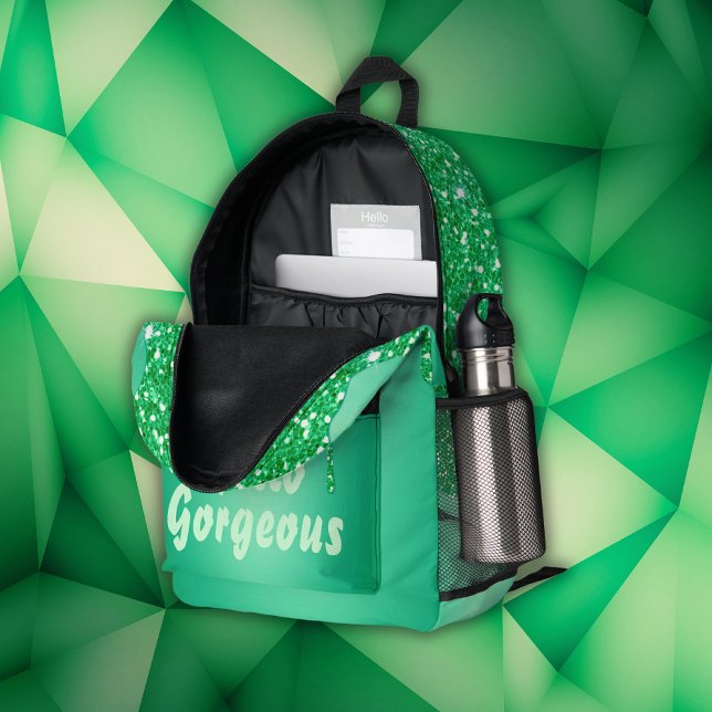 Green glitter with monogram Hello Gorgeous | Printed Backpack (Creator Uploaded)