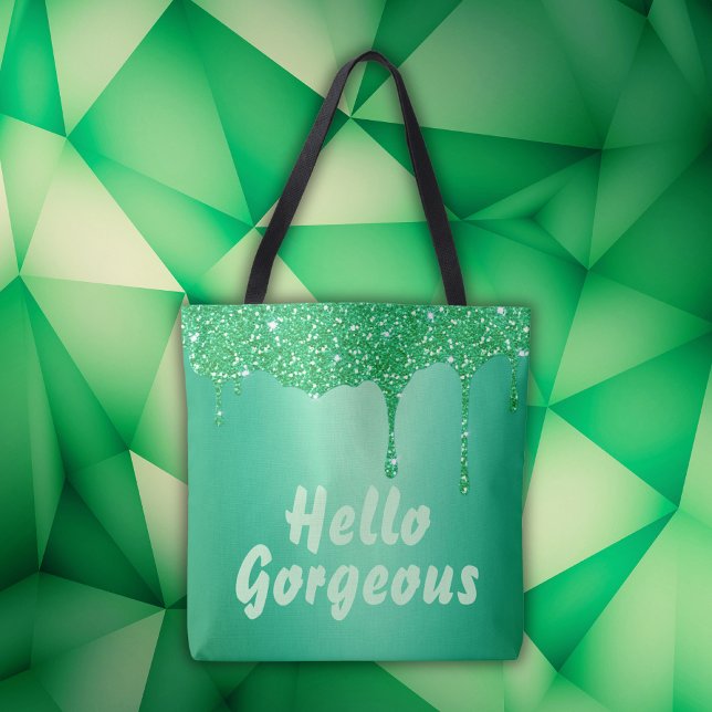 Green glitter with monogram Hello Gorgeous | Tote Bag (Creator Uploaded)