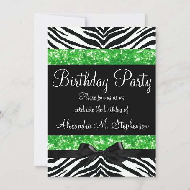 Green Glitter Zebra Bow Custom Girl Birthday Party Invitation (Front)