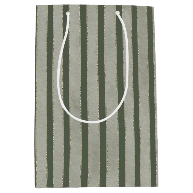 Green Glitzy Gold Stripes Christmas Medium Gift Bag (Front)