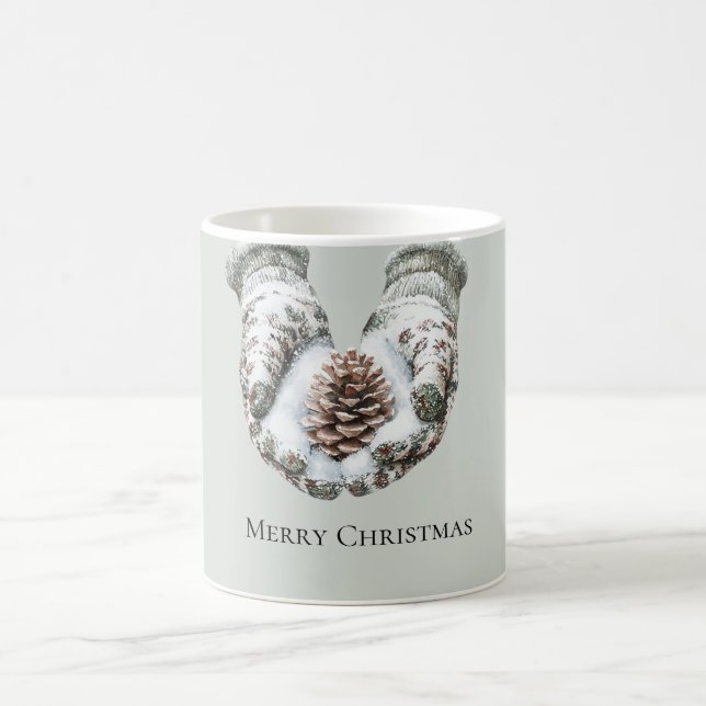 Green Gloves Snow Christmas Pine Cones Coffee Mug (Center)