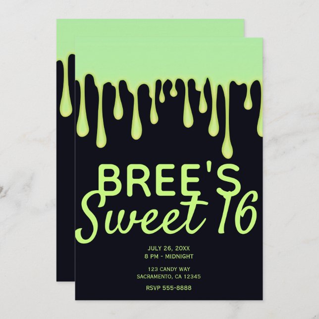 Green Glow Drips Dripping Halloween Sweet 16 Party Invitation (Front/Back)