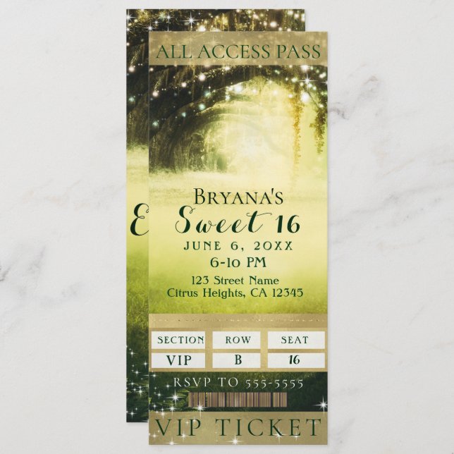 Green Glow Forest & Sparkle Lights Sweet 16 Ticket Invitation (Front/Back)