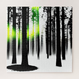 Green Glow in Black and White Silhouette Trees Jigsaw Puzzle