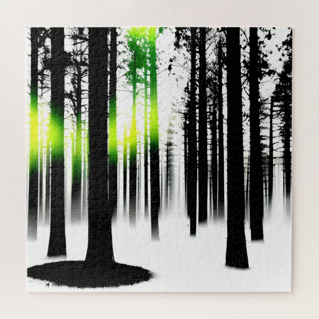Green Glow in Black and White Silhouette Trees Jigsaw Puzzle (Horizontal)