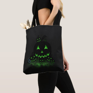 Green Glowing Black Halloween Jack O Lanterns Tote Bag
