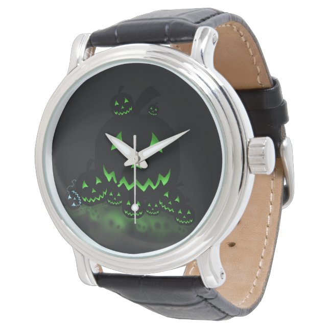 Green Glowing Black Halloween Jack O Lanterns Watch (Angled)