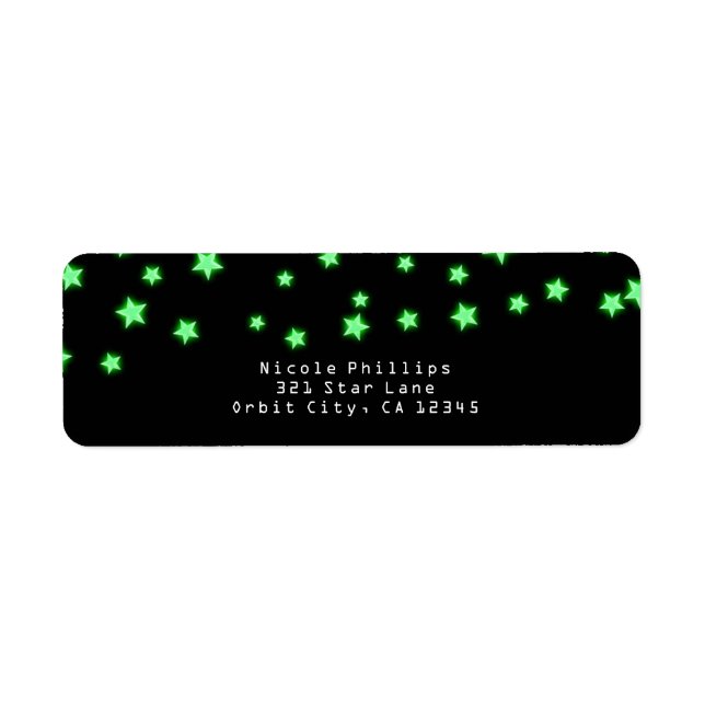 Green Glowing Stars Birthday Party Invitation Return Address Label (Front)