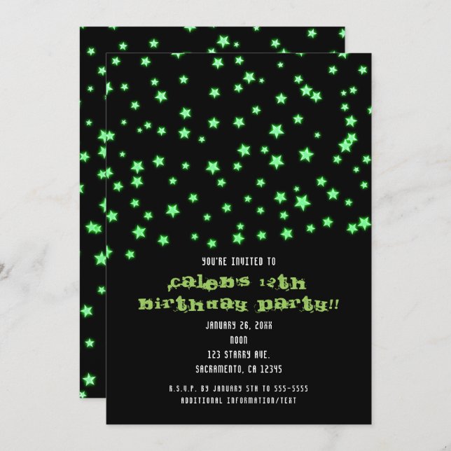 Green Glowing Stars Birthday Party Invitations (Front/Back)