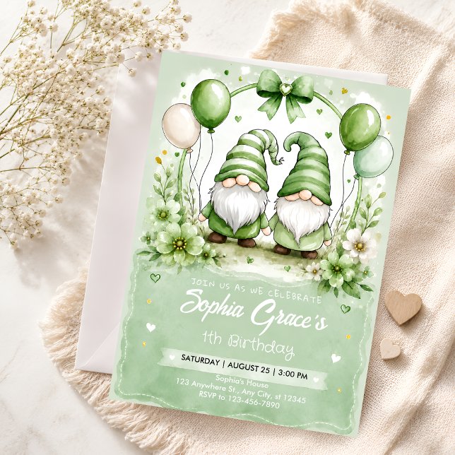 Green Gnome 1st Birthday Invitation (Creator Uploaded)