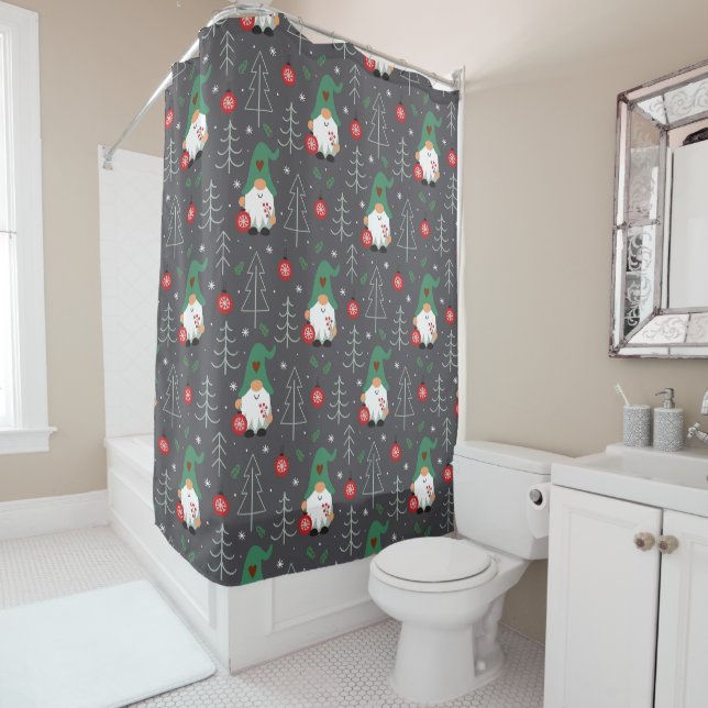 Green Gnome Christmas Tree Ornaments Pattern Shower Curtain (In Situ)