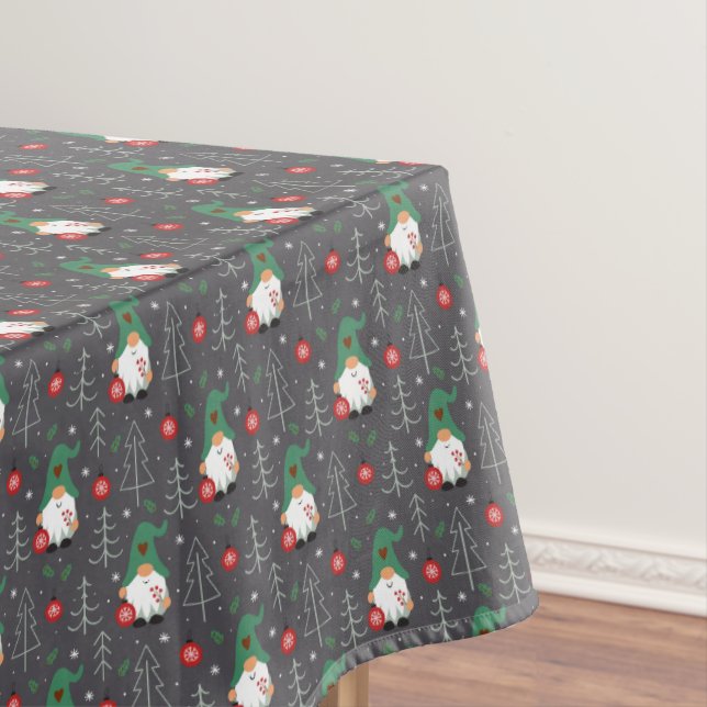 Green Gnome Christmas Tree Ornaments Pattern Tablecloth (In Situ)