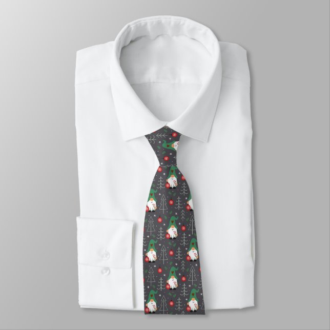 Green Gnome Christmas Tree Ornaments Pattern Tie (Tied)