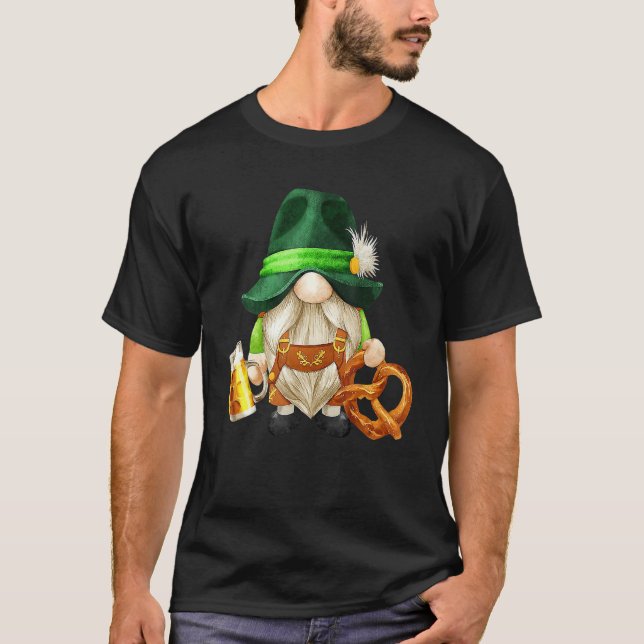Green Gnome Holding Irish Beer And Shamrock St Pat T-Shirt (Front)