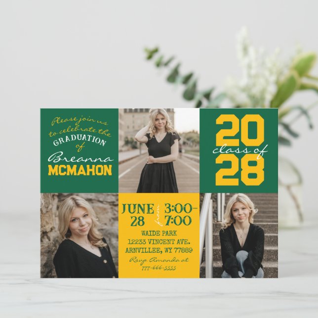 Green & Gold 3 Photo Graduation Invitation (Standing Front)
