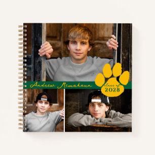 Green & Gold 3 Photo Paw Graduation Guestbook Notebook