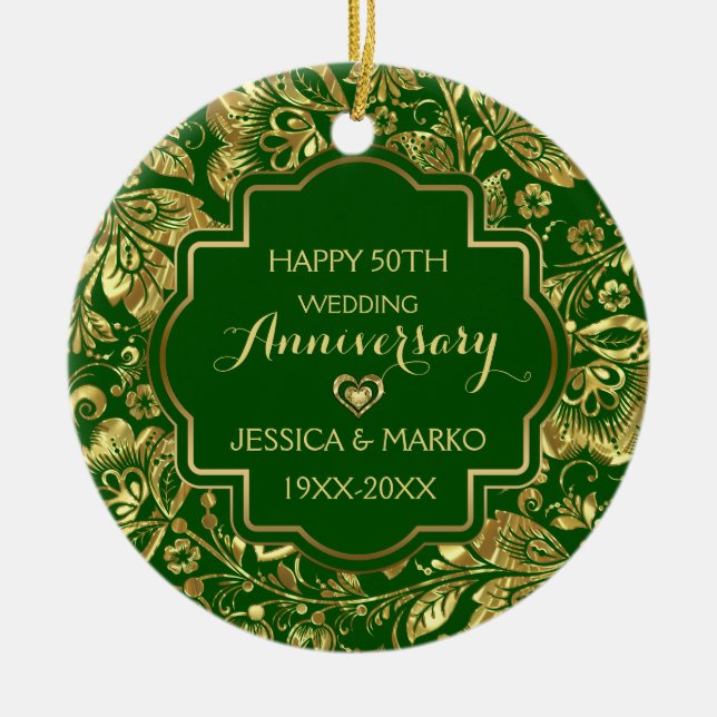 Green & Gold 50th Wedding Anniversary  Ceramic Ornament (Front)
