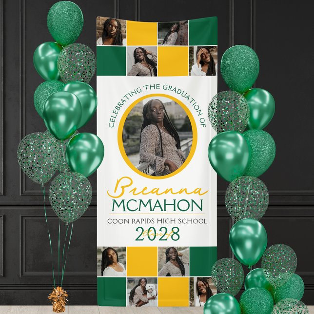 Green & Gold 9 Photo Collage Graduation Vinyl Banner (Green, White and Yellow Gold 9 Photo Graduation Hanging Vinyl Banner)