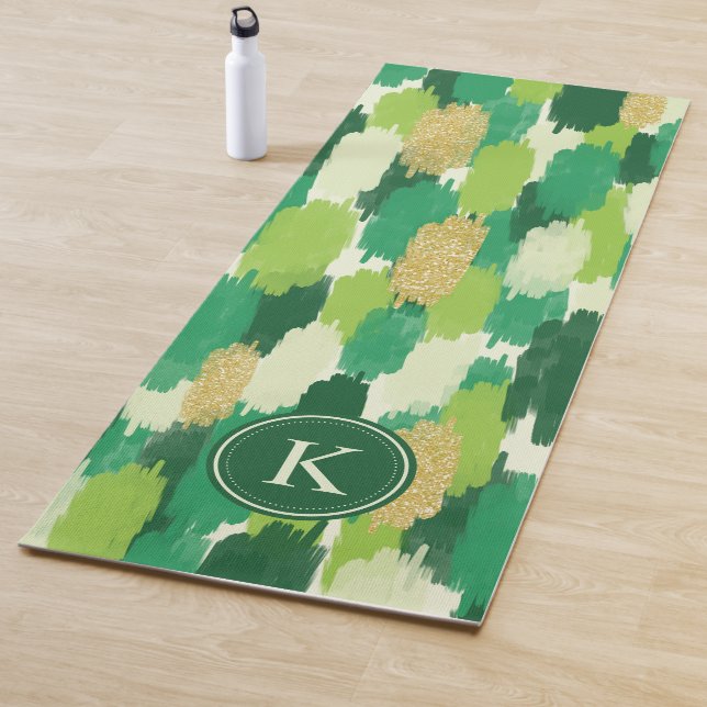 Green Gold Abstract Brushstrokes Pattern Monogram Yoga Mat (In Situ)