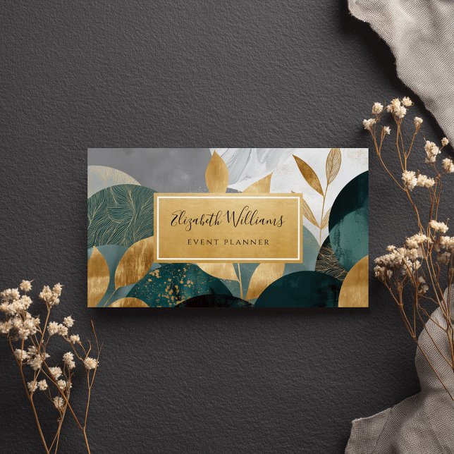 Green Gold Abstract Leaves Business Cards (Creator Uploaded)