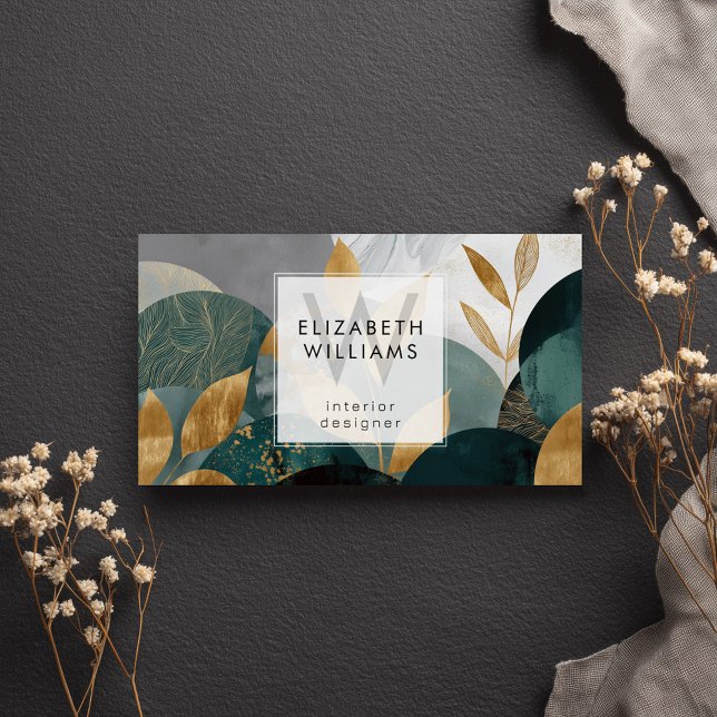 Green Gold Abstract Leaves Monogram Business Cards (Creator Uploaded)