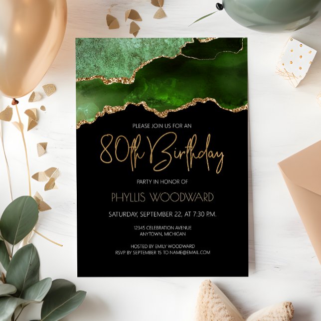 Green Gold Agate 80th Birthday Party Invitation (Creator Uploaded)