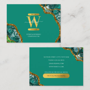 Green & Gold Agate Geode Glitter Monogram Marble  Business Card