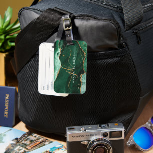 Green Gold Agate Geode Script Initials Monogram Luggage Tag