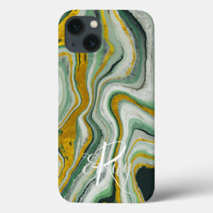 Green & Gold Agate Marble Abstract Name Monogram   iPhone 13 Case