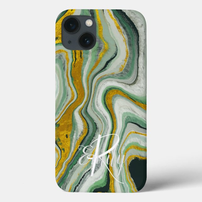 Green & Gold Agate Marble Abstract Name Monogram   Case-Mate iPhone Case (Back)