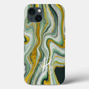 Green & Gold Agate Marble Abstract Name Monogram iPhone 13 Case
