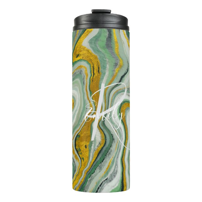 Green & Gold Agate Marble Abstract Name Monogram Thermal Tumbler (Front)