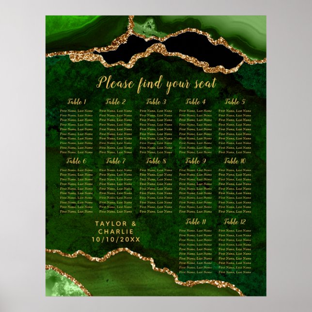 Green Gold Agate Wedding 12 Tables Seating Chart (Front)
