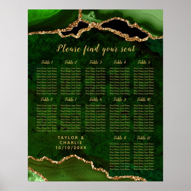 Green Gold Agate Wedding Seating Chart 12 Table (Front)