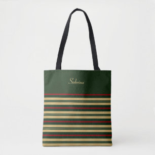 Green Gold and Red Christmas Stripes Tote Bag